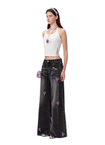 Fruit Embroidered Wide-Leg Pants