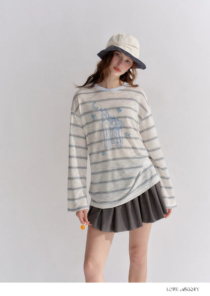 Embroidered Beaded Striped Loose T-shirt