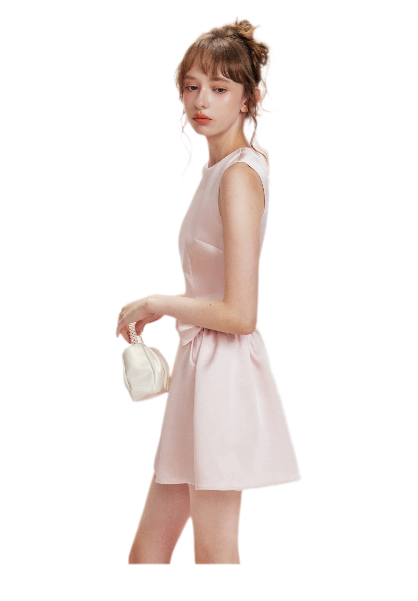 Pearlescent Satin Waist-Tie Dress