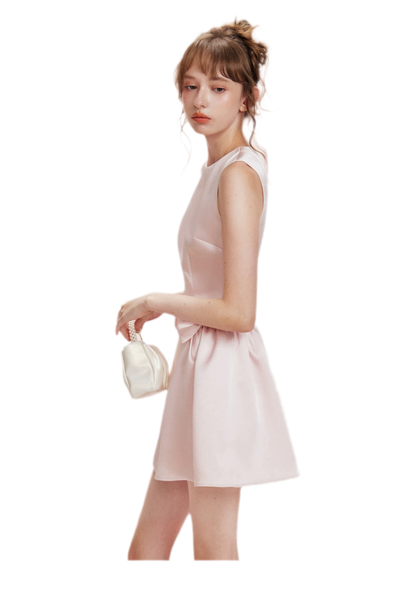 Pearlescent Satin Waist-Tie Dress