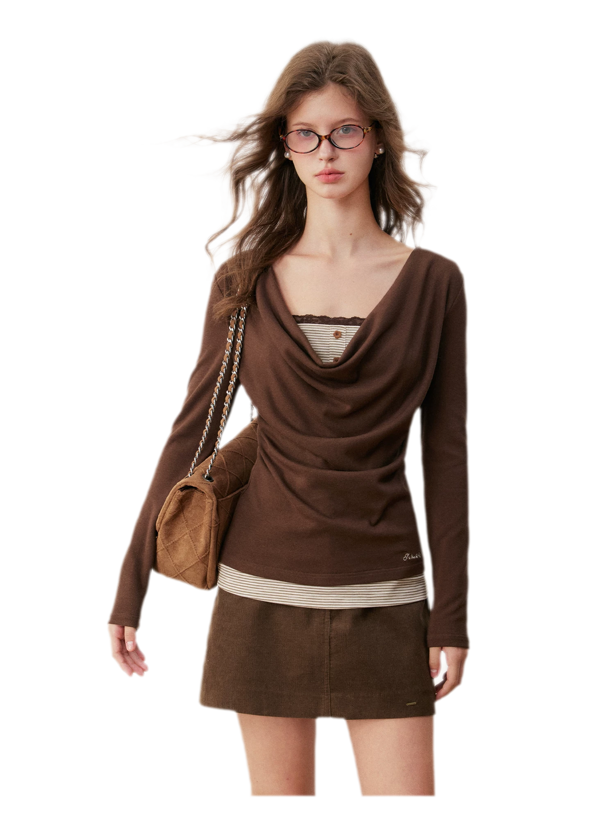 Striped Lace Cowl Neck T-Shirt