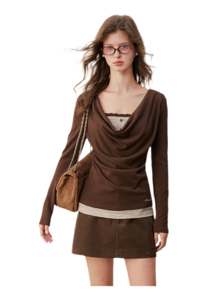 Striped Lace Cowl Neck T-Shirt