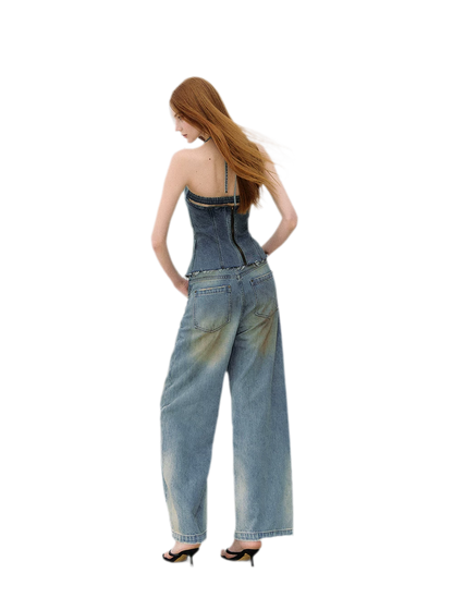 Denim Halter Top and Wide-Leg Jeans Set