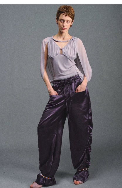 Satin Jogger Pants with Beaded Drawstring
