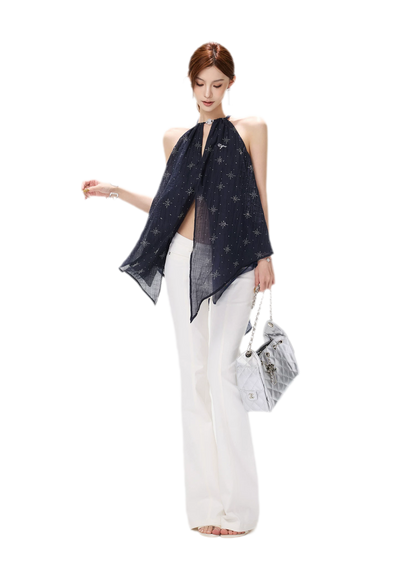 Rhinestone Asymmetric Halter Chiffon Top