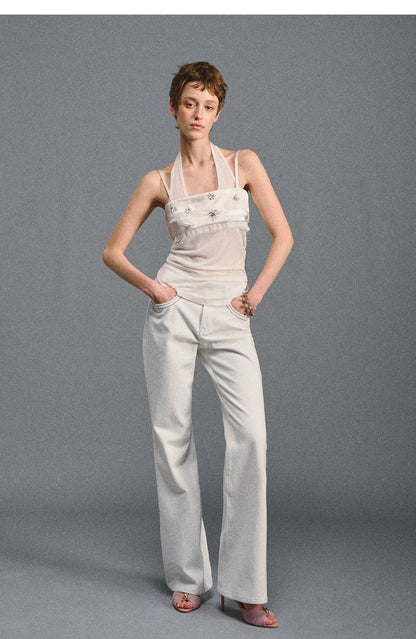 Textured White Contrast Waist Low-Rise Flared Pants