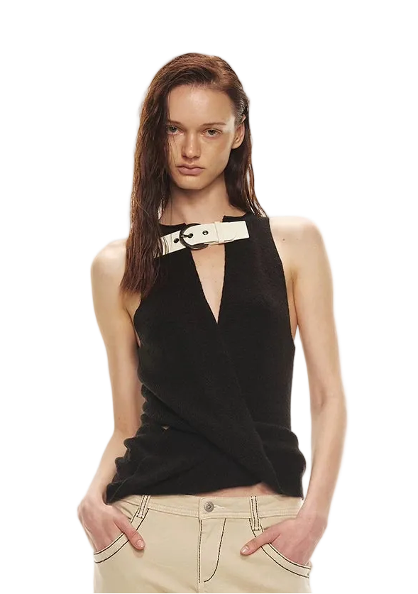 Stylish Patchwork Leather Buckle V-Neck Sweater Vest