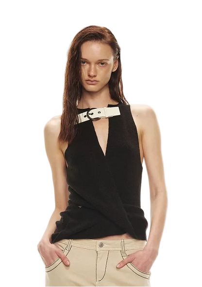 Stylish Patchwork Leather Buckle V-Neck Sweater Vest