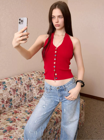 Tencel Halter Button Top