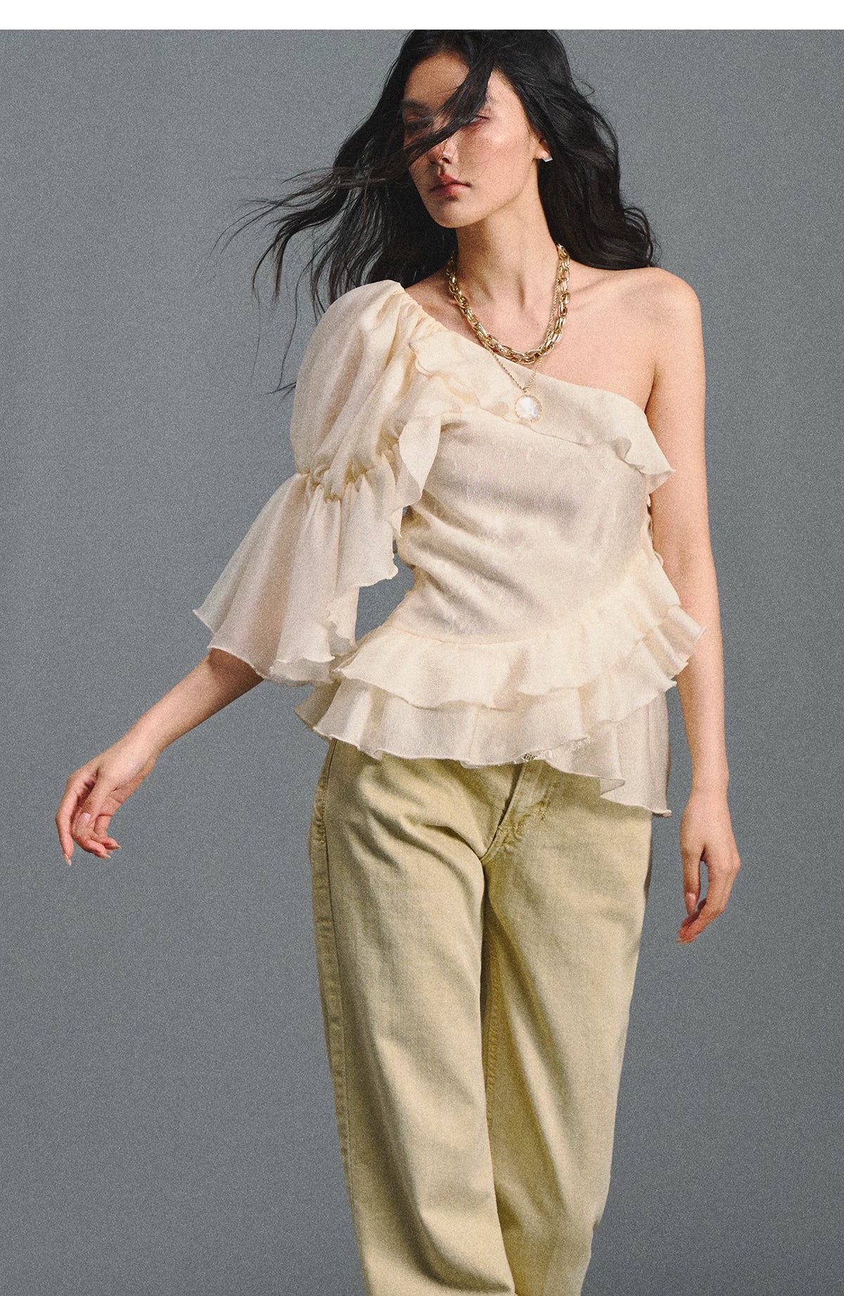 Vintage Romantic Lace Ruffled Asymmetric Top