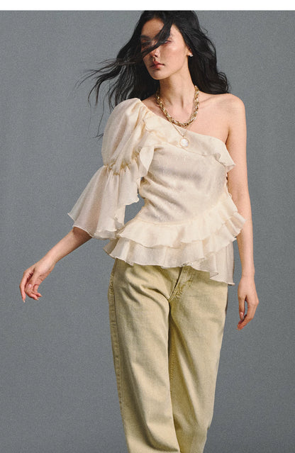 Vintage Romantic Lace Ruffled Asymmetric Top