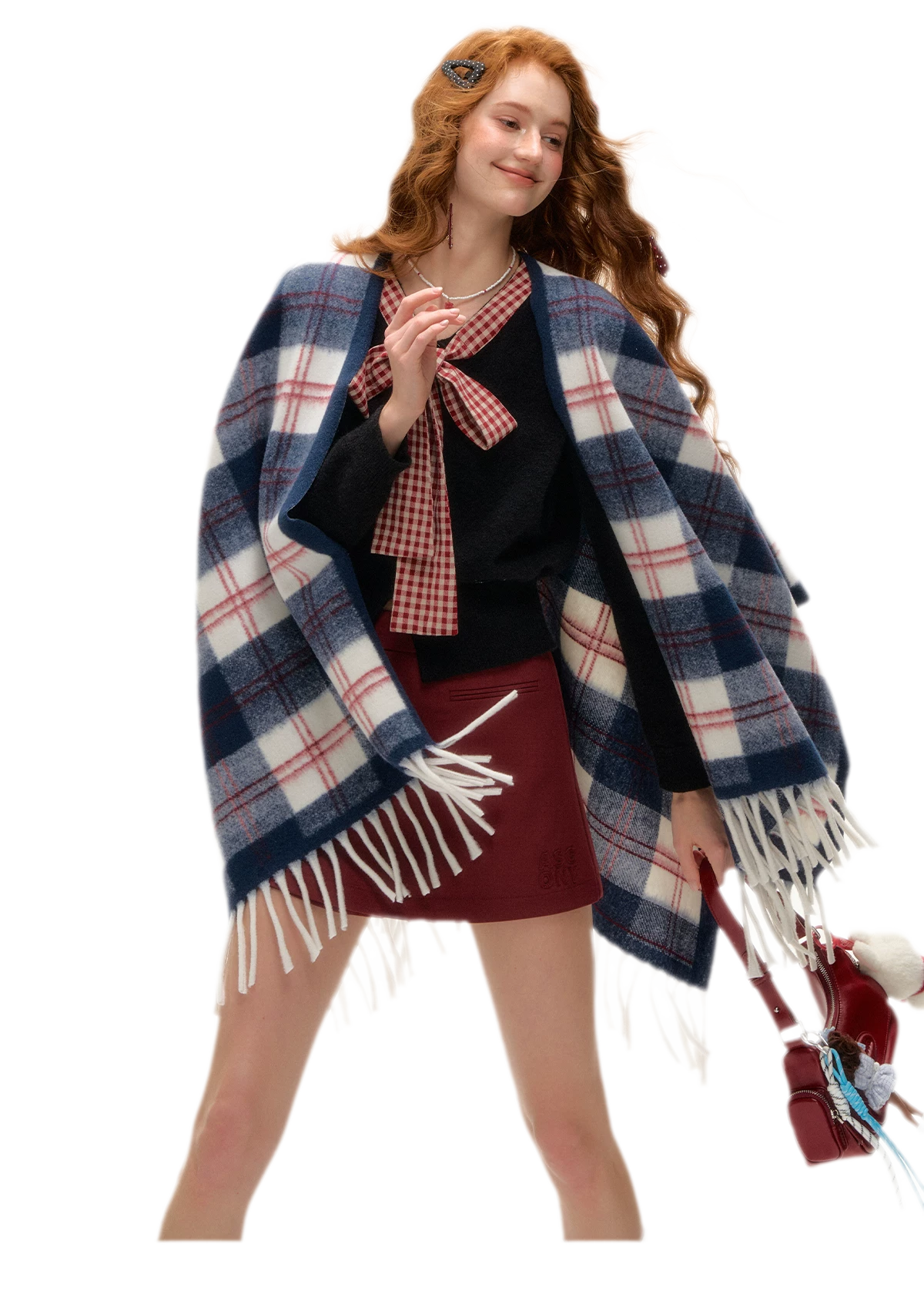 Vintage Plaid Fringed Shawl