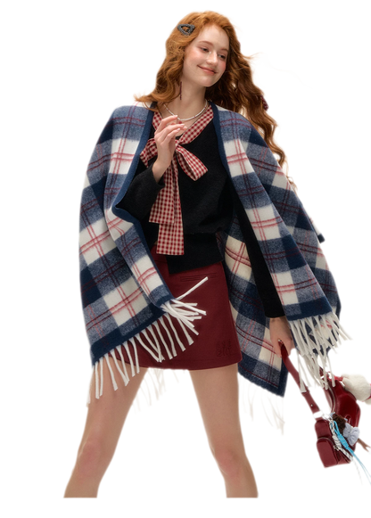 Vintage Plaid Fringed Shawl
