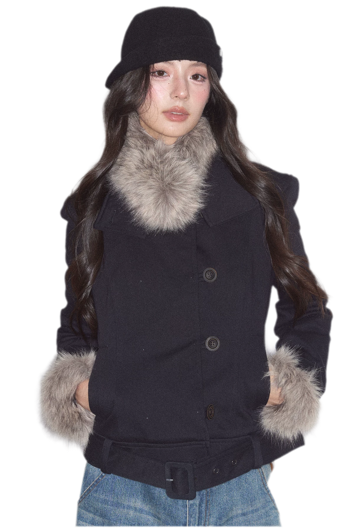 Detachable Fur Collar Twill Coat
