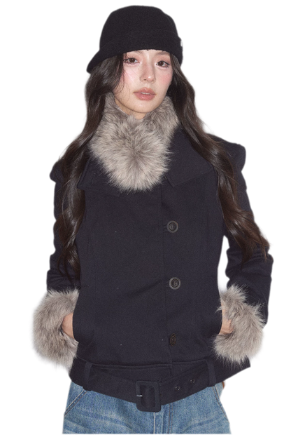 Detachable Fur Collar Twill Coat