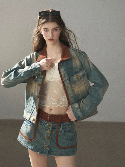 Washed Denim Jacket Skirt Set