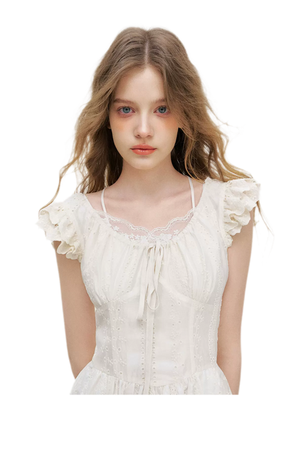 Embroidered Flutter Sleeve Dress