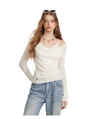Draped Lace Trim Knit Top