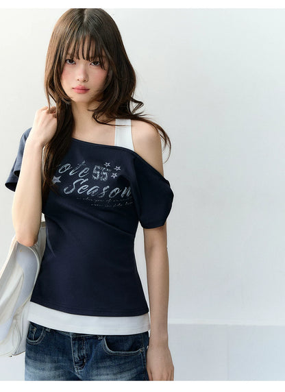 Vintage American Style Printed Off-Shoulder Cropped T-shirt
