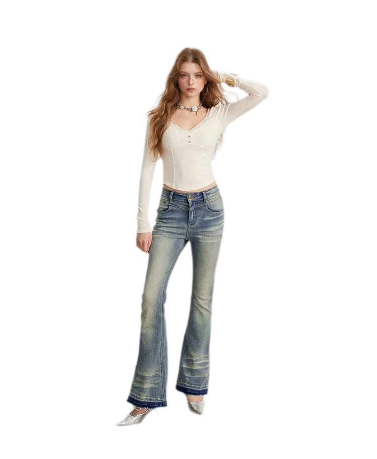 Lace Panel Cropped Long-Sleeve Top
