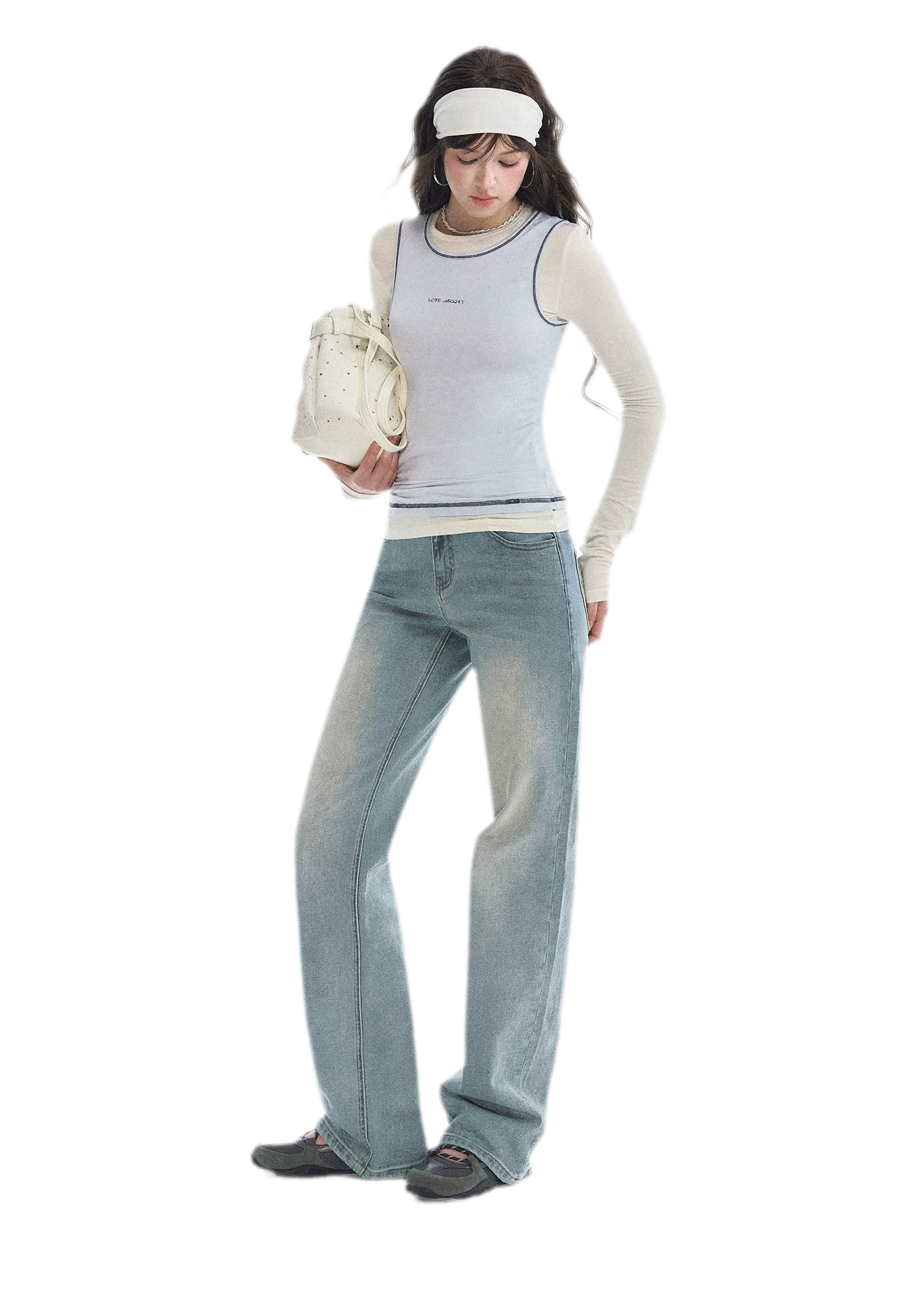 Washed Bow Embroidery Jeans