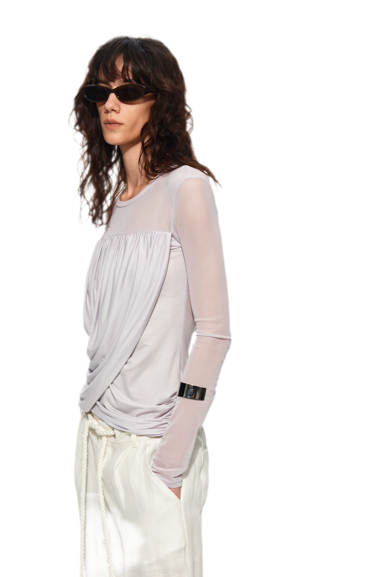 Draped Mesh Long Sleeve Tee
