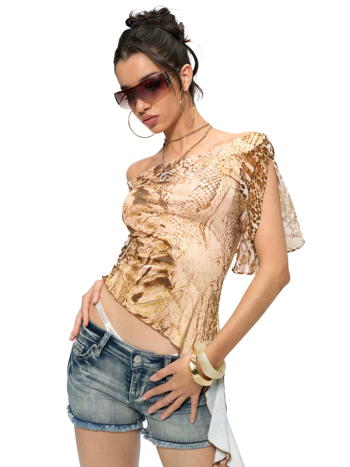 Leopard &amp; Snake Print Asymmetric Ruffle Top