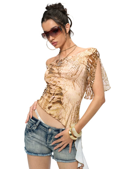 Leopard &amp; Snake Print Asymmetric Ruffle Top