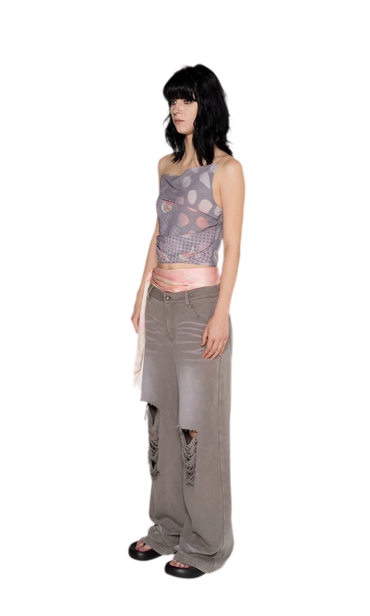 Washed Distressed Straight Pants