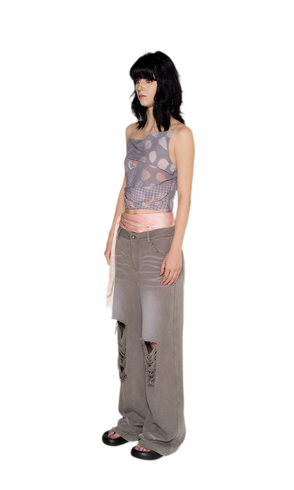 Washed Distressed Straight Pants
