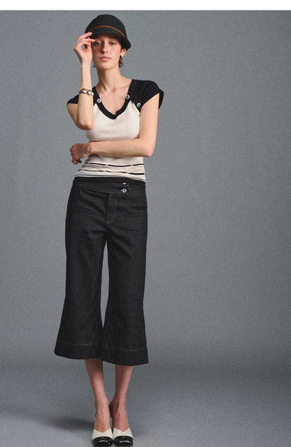 Color Block U-Neck Short Sleeve T-Shirt