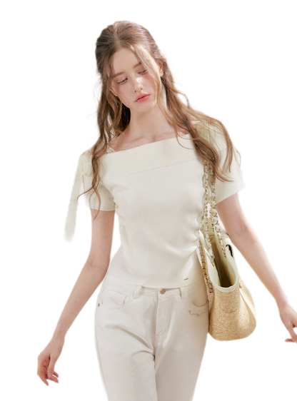 Lace Trim Ruched Knit Top