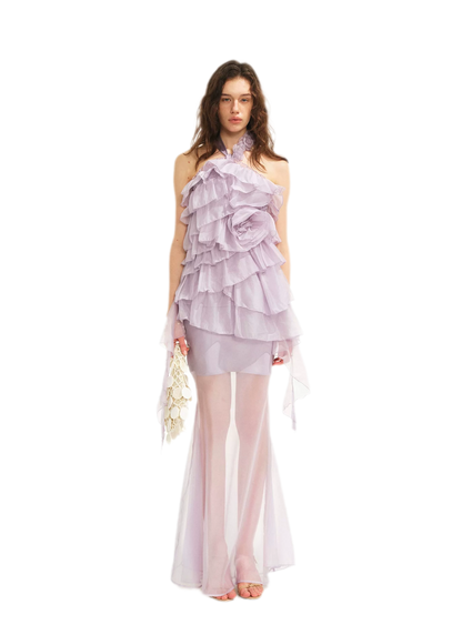 Sheer Rose Halter Fishtail Dress