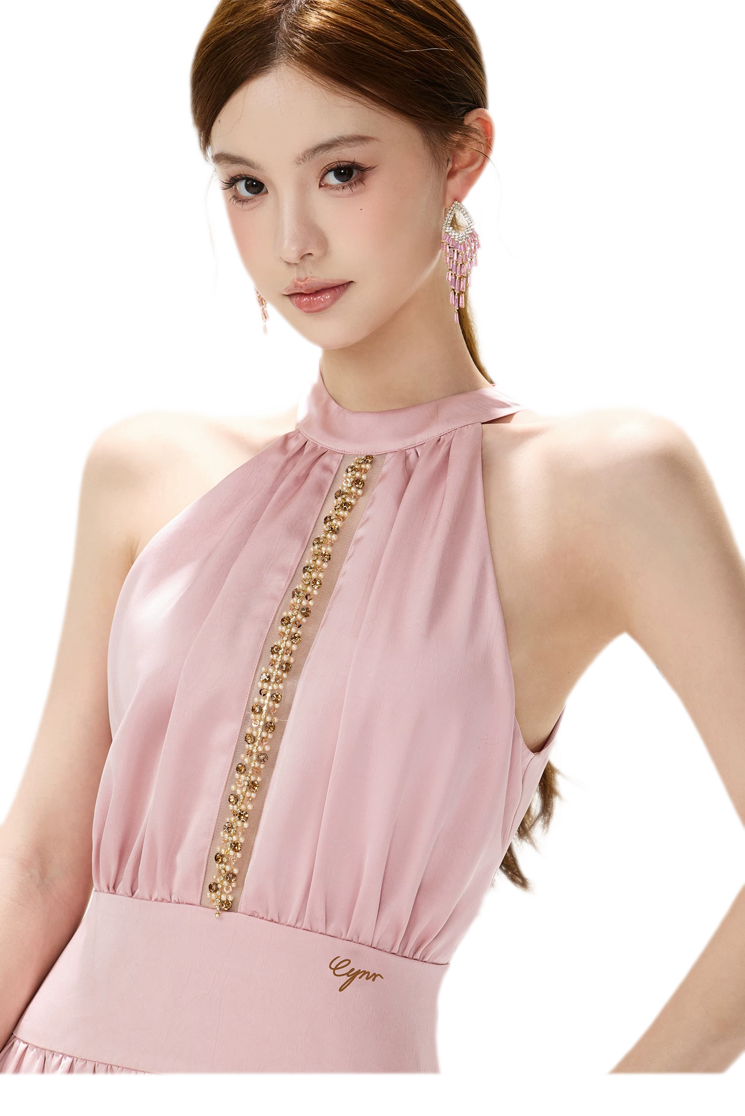 CYNR Rhinestone Halter Maxi Dress Pink / L