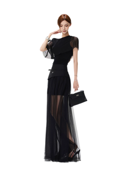 Sheer Layered Asymmetrical Maxi Skirt
