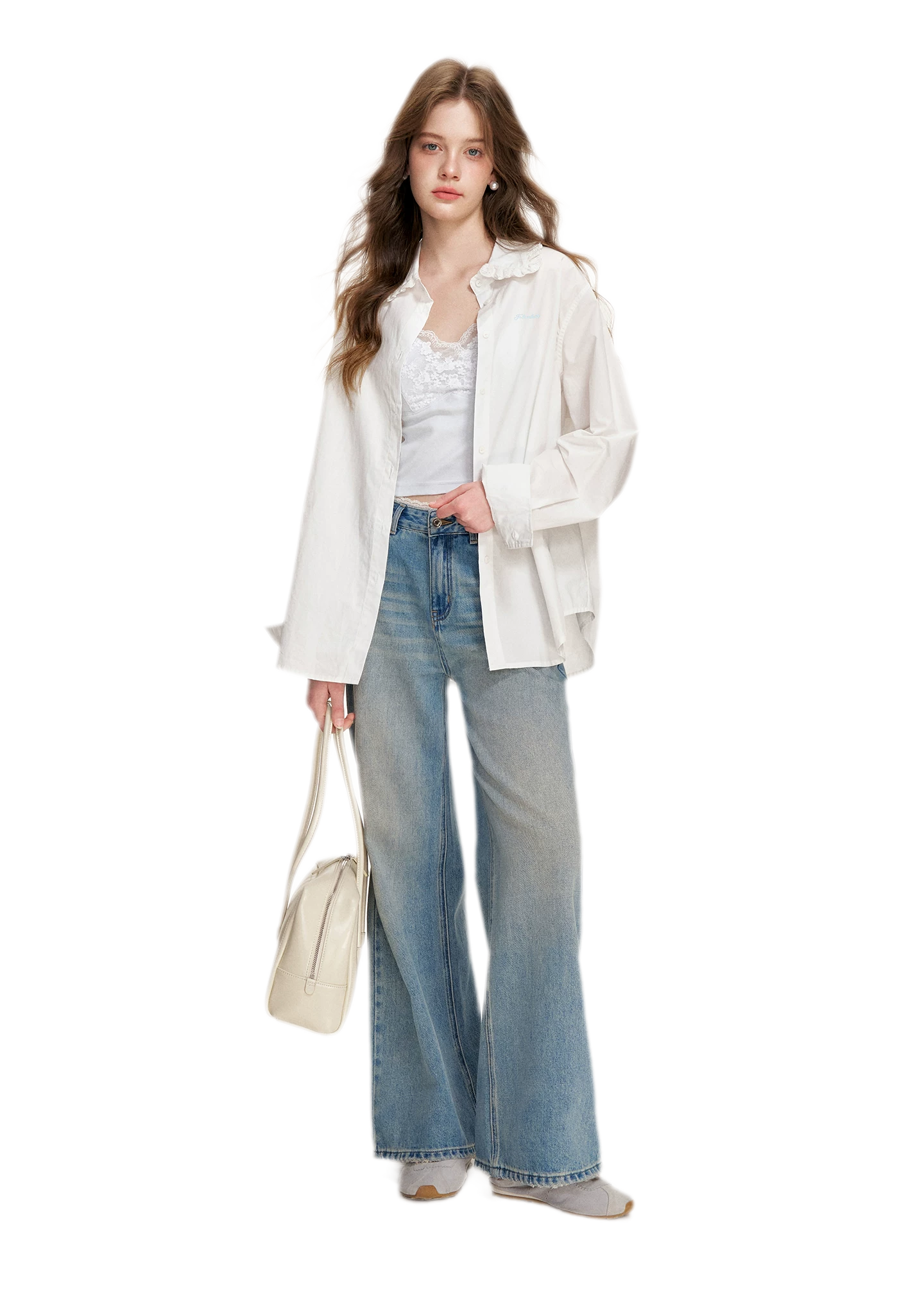 Lace-Trimmed Wide-Leg Denim Pants