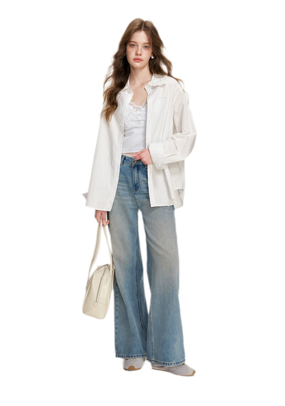 Lace-Trimmed Wide-Leg Denim Pants