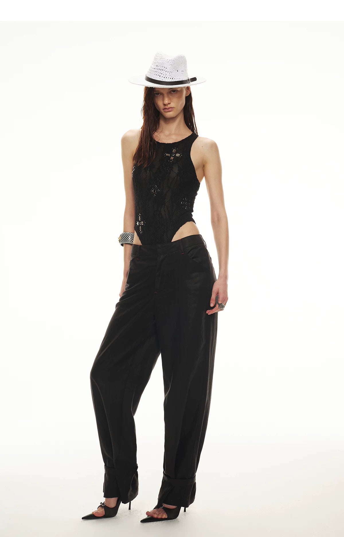 Stylish Gemstone Lace Halter Bodysuit Top