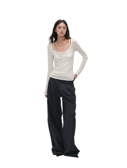 Pinstriped Pleated Wide-Leg Trousers