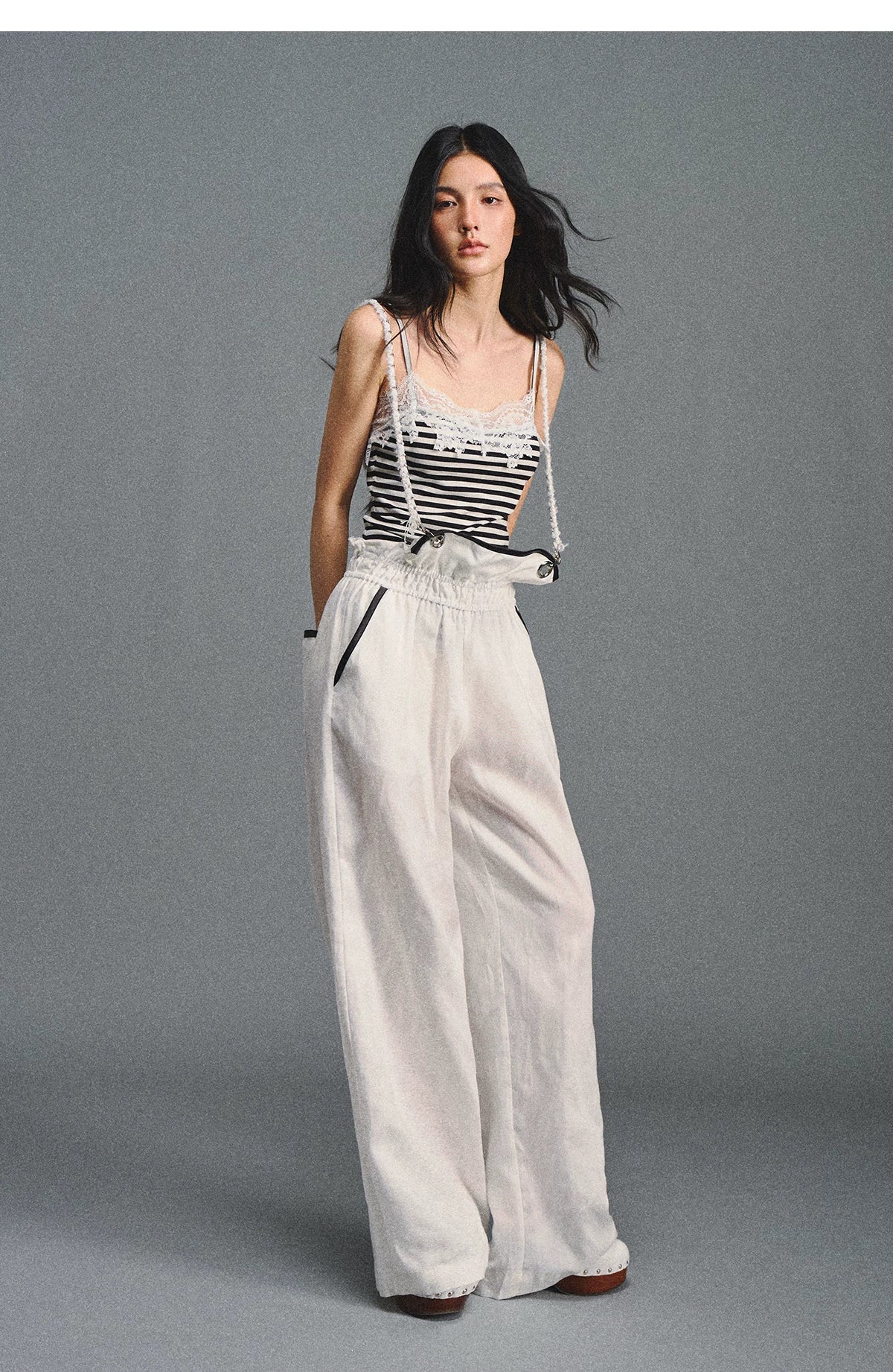 Tencel Linen Contrast Satin Trim Wide-Leg Pants