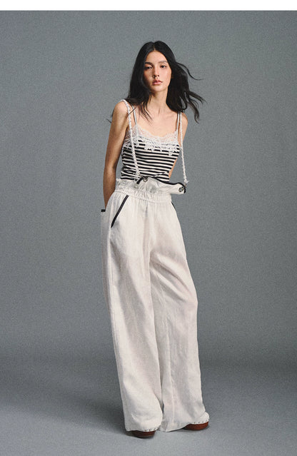 Tencel Linen Contrast Satin Trim Wide-Leg Pants