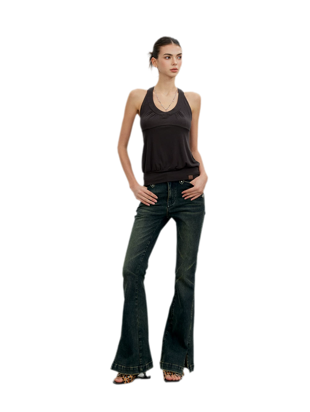 Washed Slit Flare Jeans