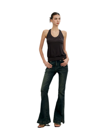 Washed Slit Flare Jeans