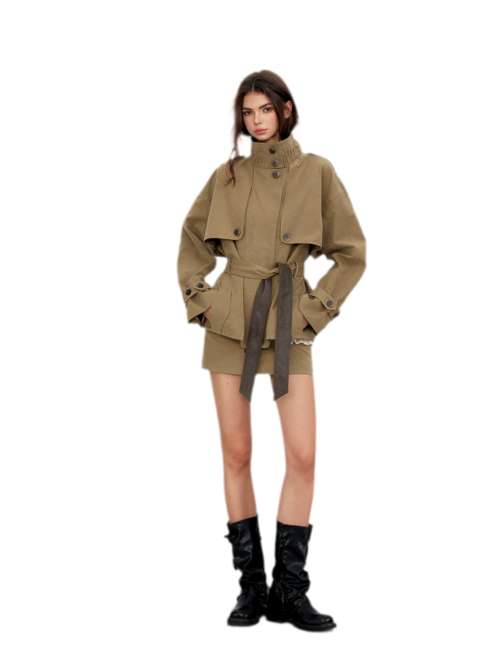 Pleated Stand-Collar Utility Jacket