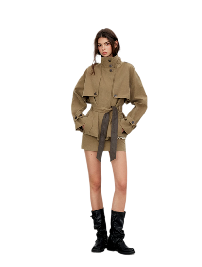 Pleated Stand-Collar Utility Jacket