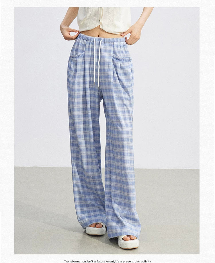 Lace Trim Plaid Wide-Leg Pants
