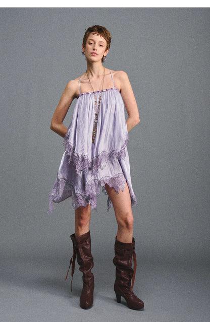 Lavender Galaxy Lace Satin Beaded Strap Dress