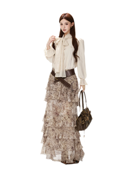 Vintage Ruffle Chiffon Maxi Skirt