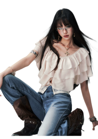 Milk Almond Ruffle Blouse