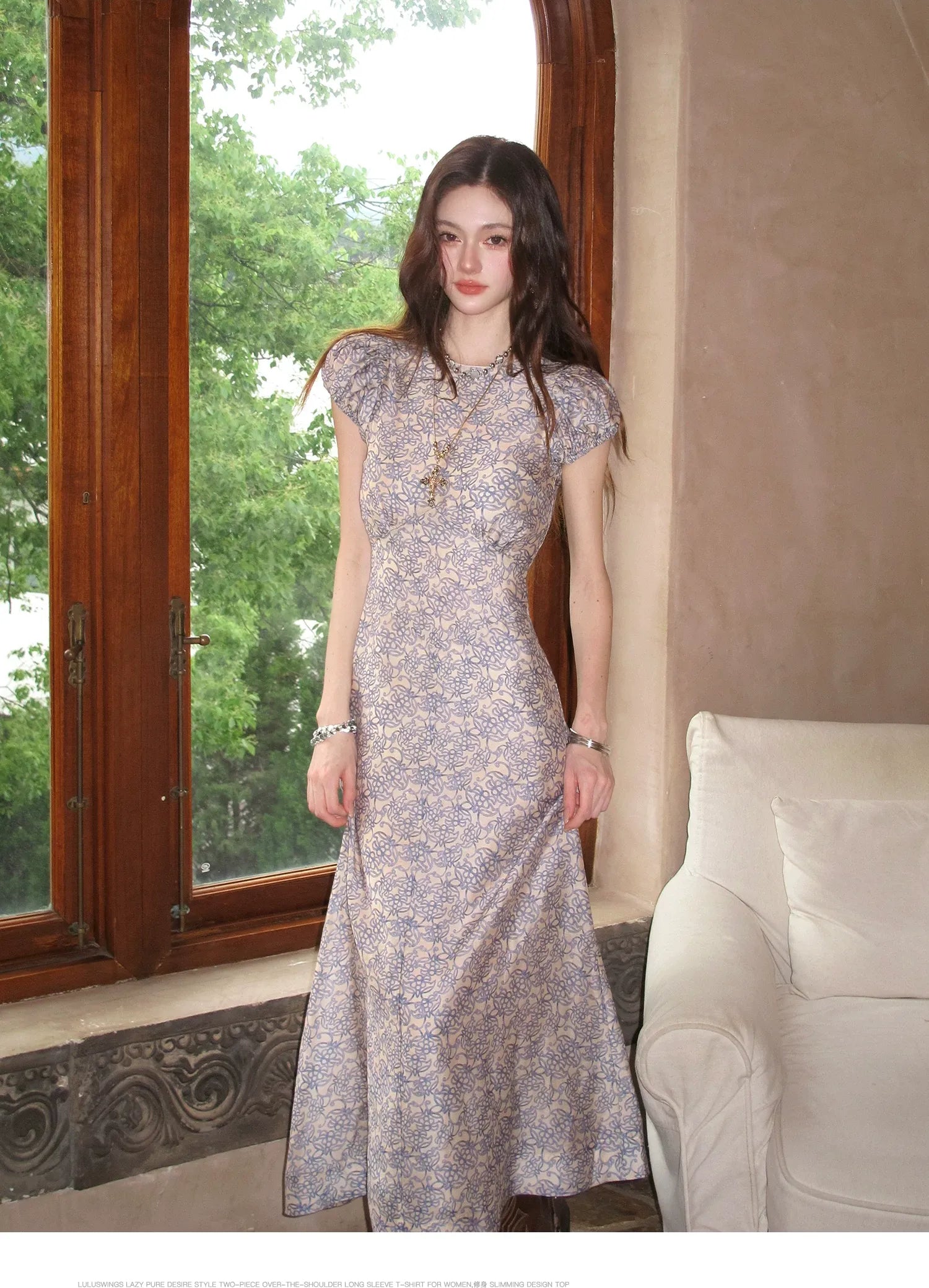 Fog Blue Floral Maxi Dress